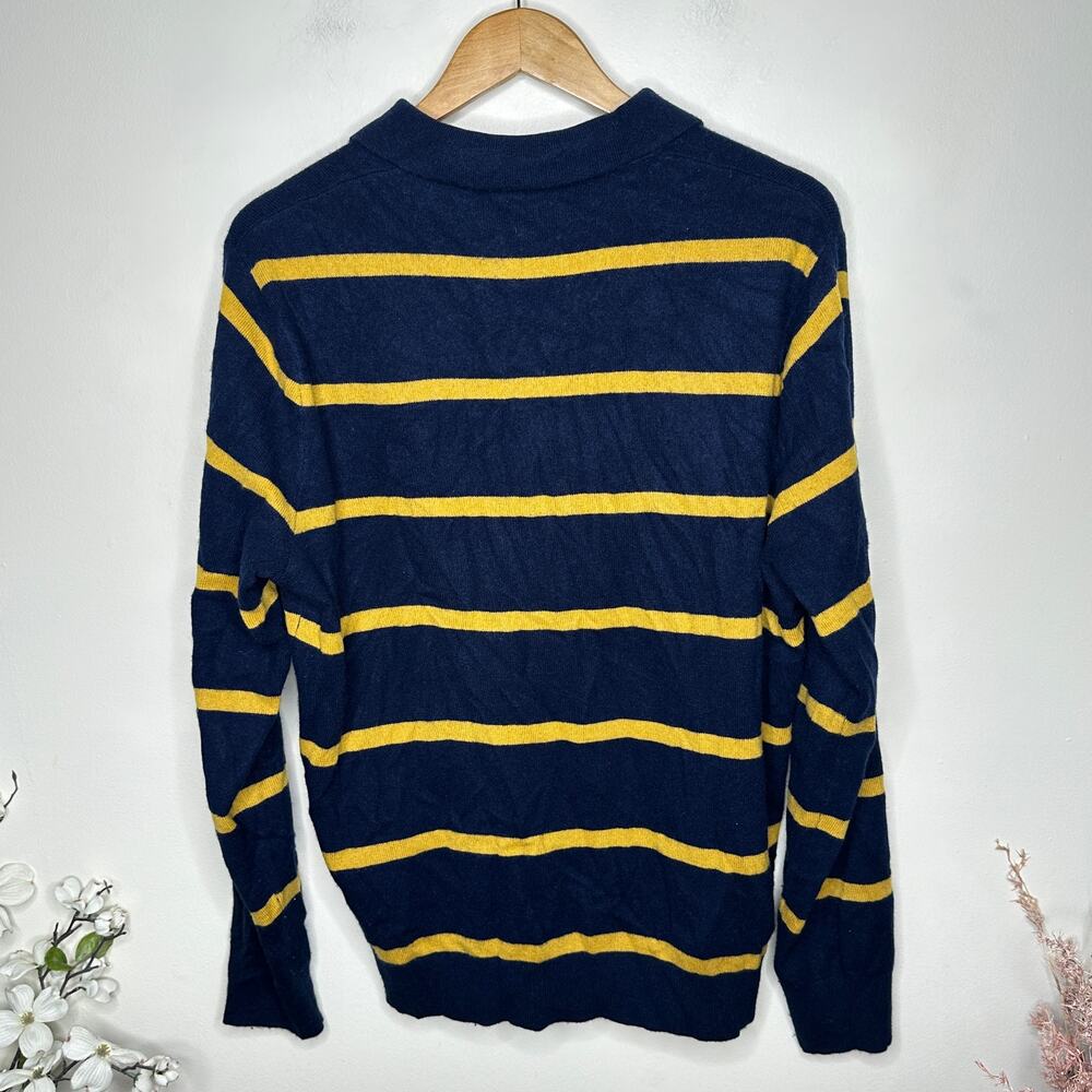 J. CREW Cashmere Collared Sweater Rugby Stripe Navy Blue Yellow Sz L $158 {N39} - Picture 4 of 7